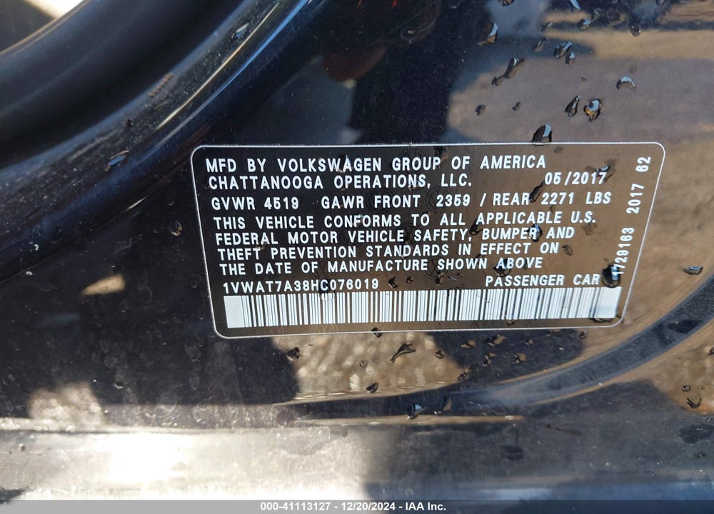 2017 VOLKSWAGEN PASSAT 1.8T S VIN: 1VWAT7A38HC076019