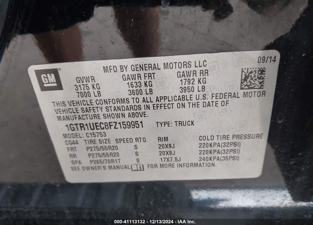 2015 GMC SIERRA 1500 SLE VIN: 1GTR1UEC8FZ159951
