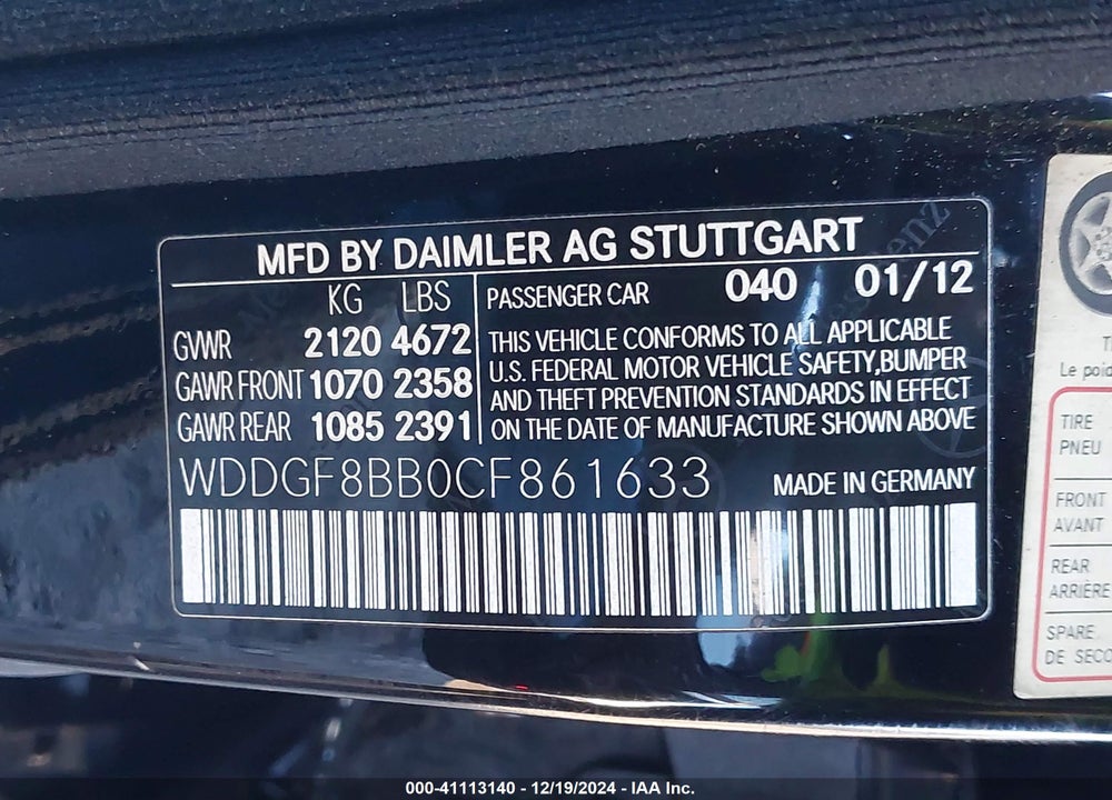 2012 MERCEDES-BENZ C 300 VIN: WDDGF8BB0CF861633