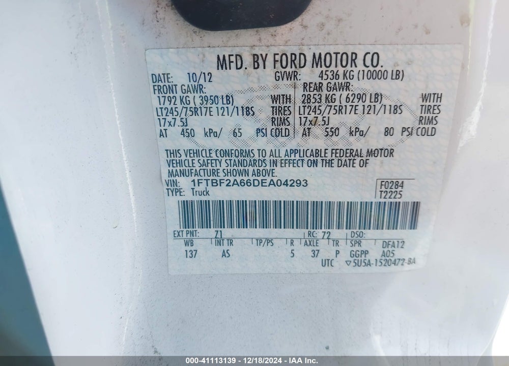 2013 FORD F-250 XL VIN: 1FTBF2A66DEA04293