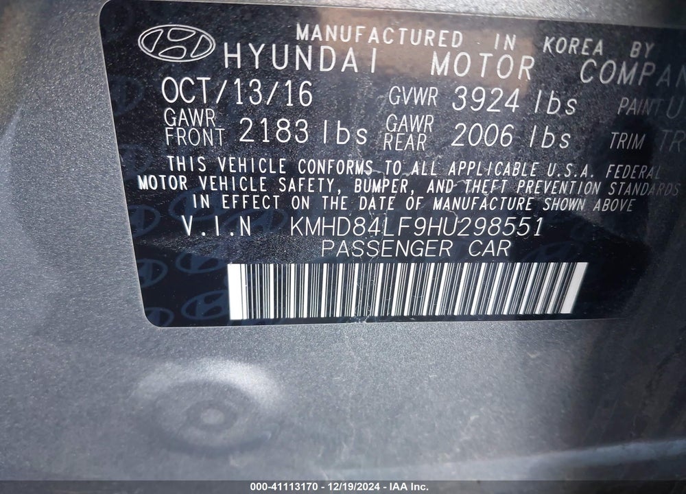 2017 HYUNDAI ELANTRA LIMITED VIN: KMHD84LF9HU298551