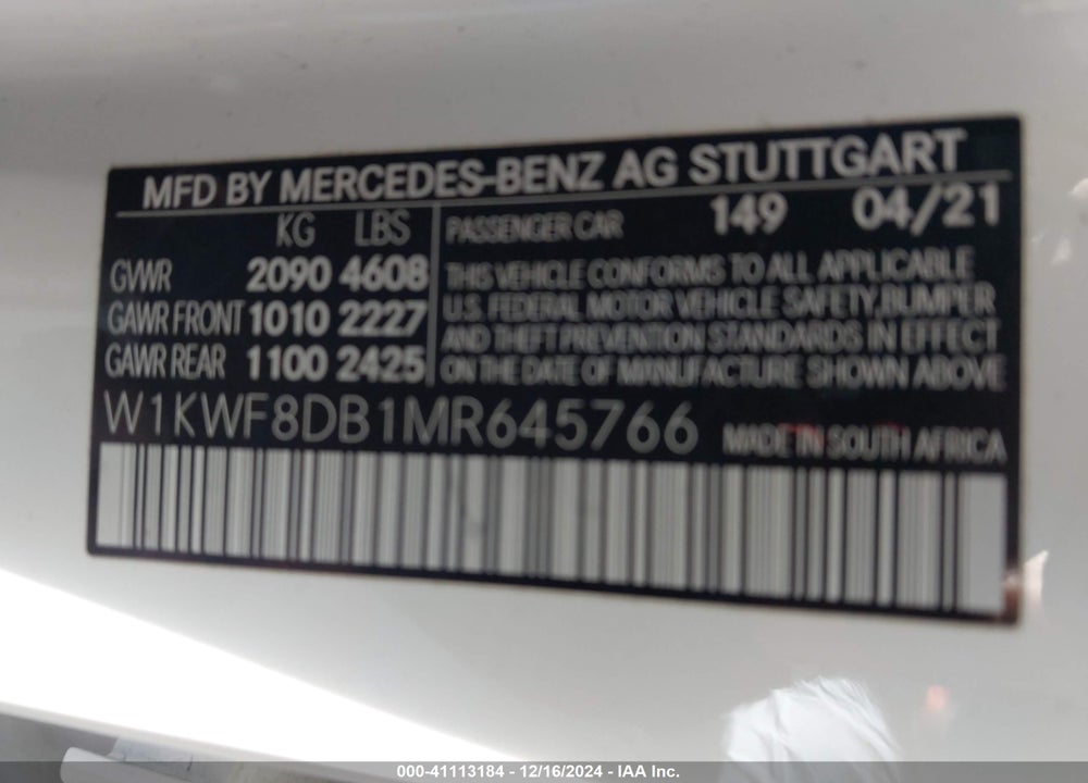 2021 MERCEDES-BENZ C 300 SEDAN VIN: W1KWF8DB1MR645766