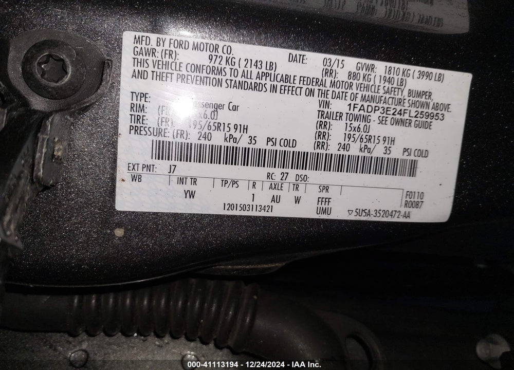 2015 FORD FOCUS S VIN: 1FADP3E24FL259953