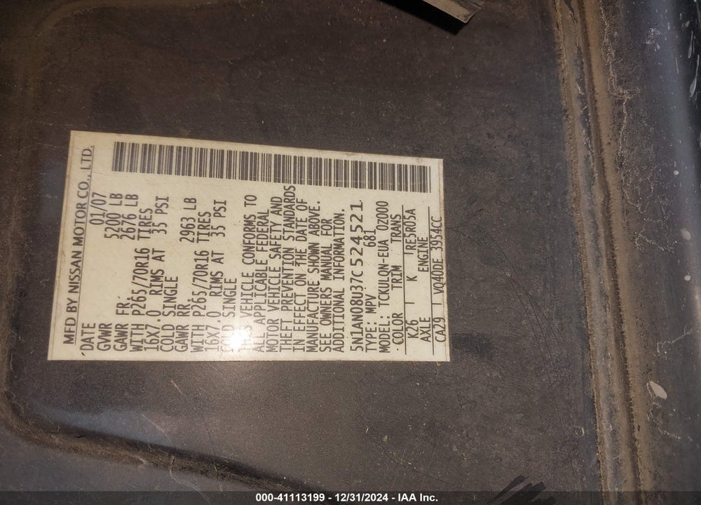 2007 NISSAN XTERRA X VIN: 5N1AN08U37C524521
