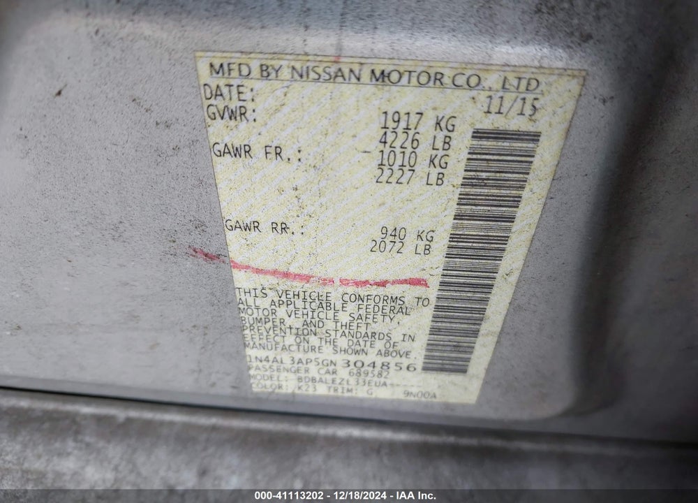 2016 NISSAN ALTIMA 2.5 S VIN: 1N4AL3AP5GN304856