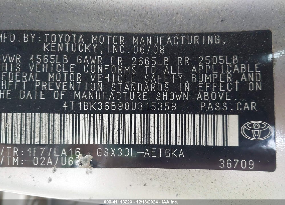 2008 TOYOTA AVALON XLS VIN: 4T1BK36B98U315358