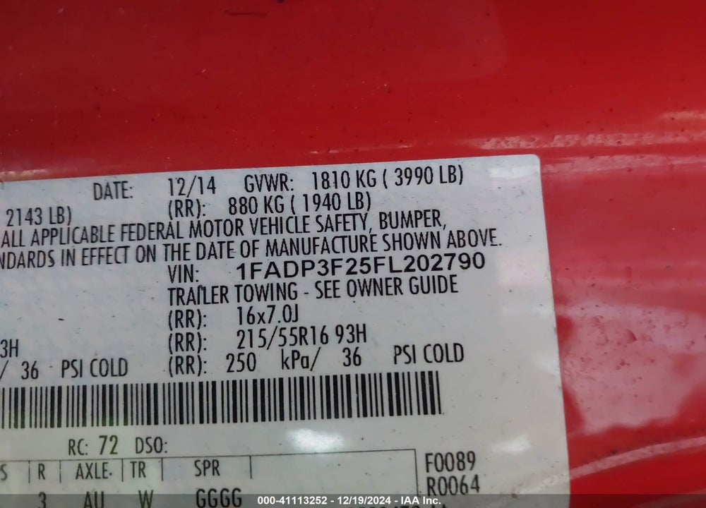 2015 FORD FOCUS VIN: 1FADP3F25FL202790