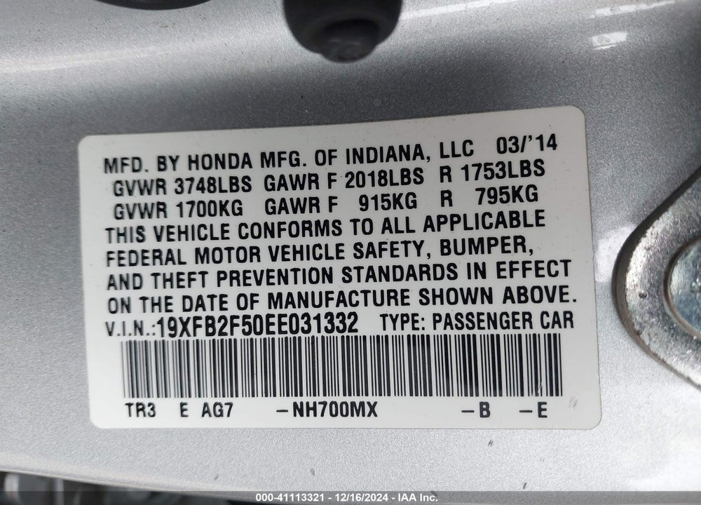 2014 HONDA CIVIC VIN: 19XFB2F50EE031332