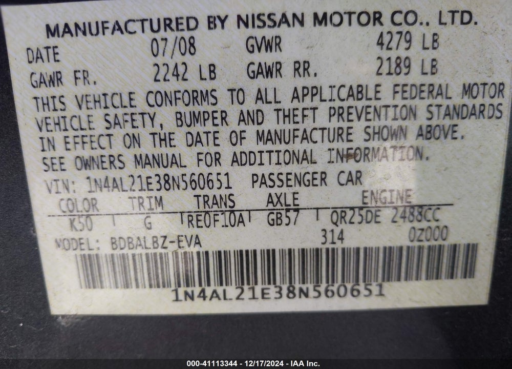 2008 NISSAN ALTIMA 2.5 S VIN: 1N4AL21E38N560651