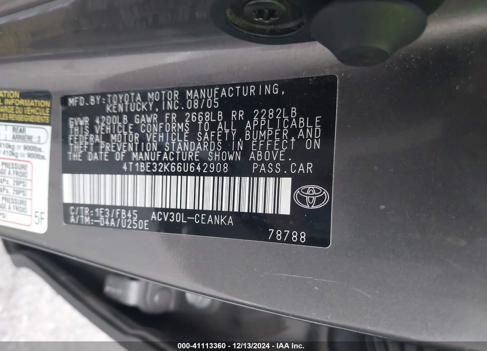 2006 TOYOTA CAMRY LE VIN: 4T1BE32K66U642908