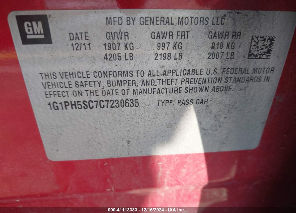 2012 CHEVROLET CRUZE LTZ VIN: 1G1PH5SC7C7230635