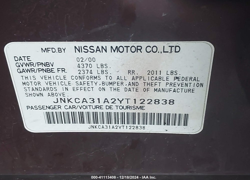 2000 INFINITI I30 LUXURY/TOURING VIN: JNKCA31A2YT122838