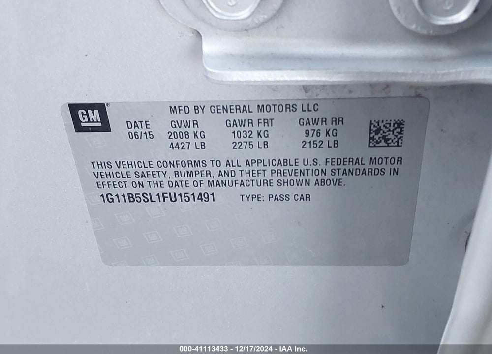 2015 CHEVROLET MALIBU LS VIN: 1G11B5SL1FU151491