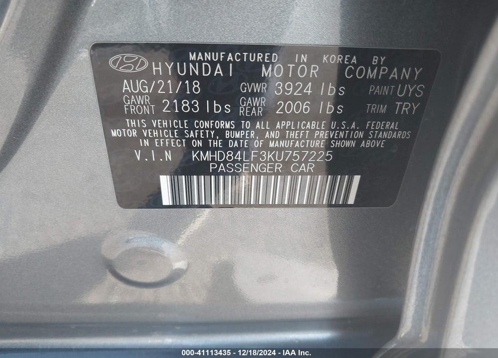 2019 HYUNDAI ELANTRA VIN: KMHD84LF3KU757225