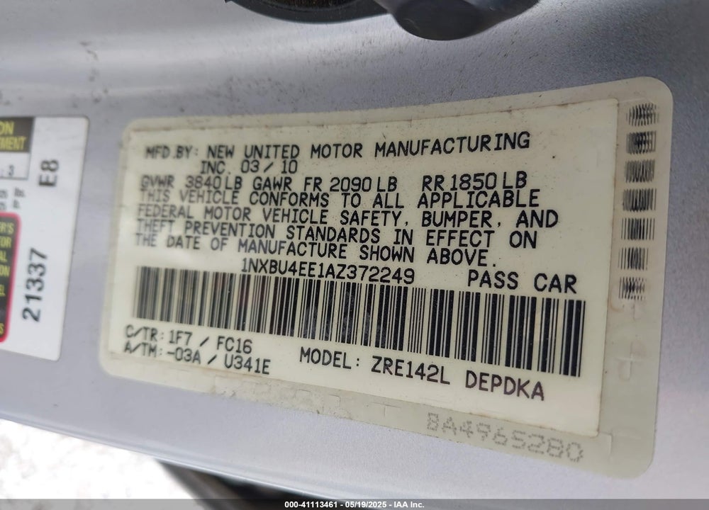 2010 TOYOTA COROLLA LE VIN: 1NXBU4EE1AZ372249