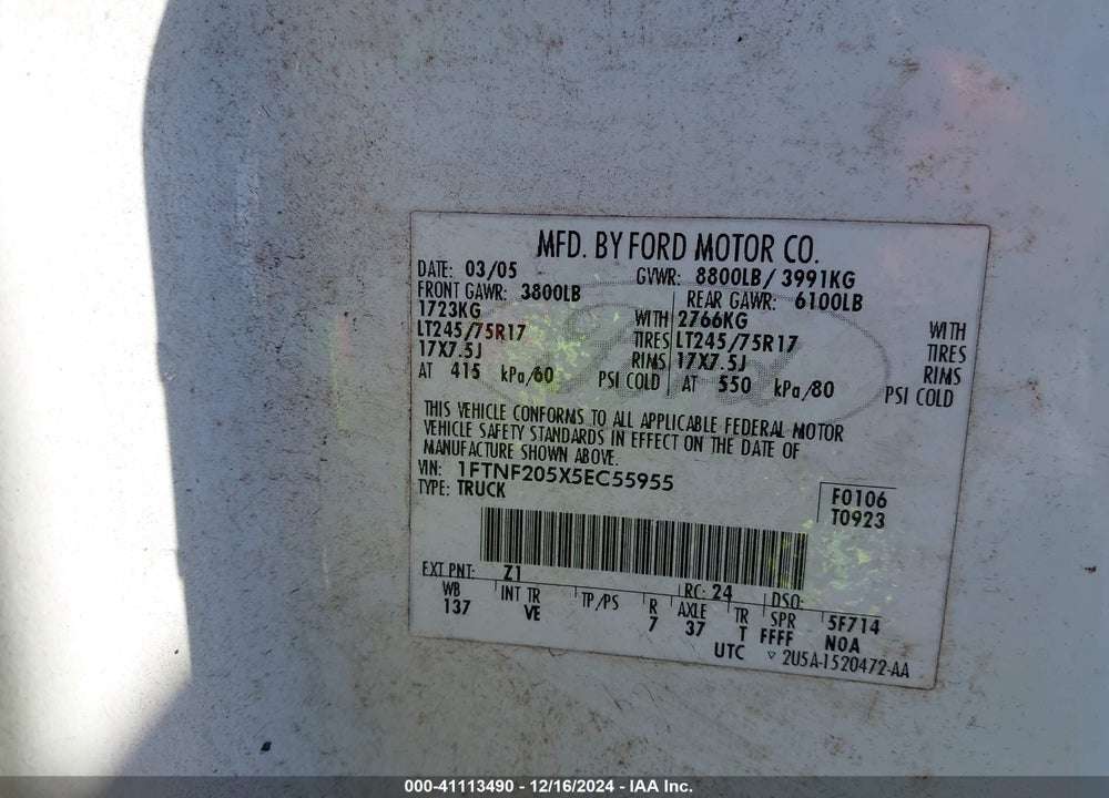 2005 FORD F-250 XL/XLT VIN: 1FTNF205X5EC55955