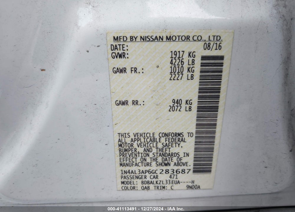 2016 NISSAN ALTIMA 2.5 SV VIN: 1N4AL3AP6GC283687