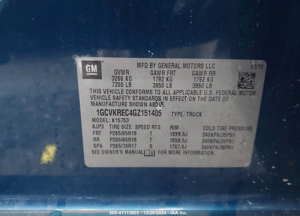 2016 CHEVROLET SILVERADO 1500 1LT VIN: 1GCVKREC4GZ151405