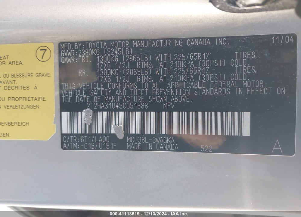 2005 LEXUS RX 330 VIN: 2T2HA31U45C051688