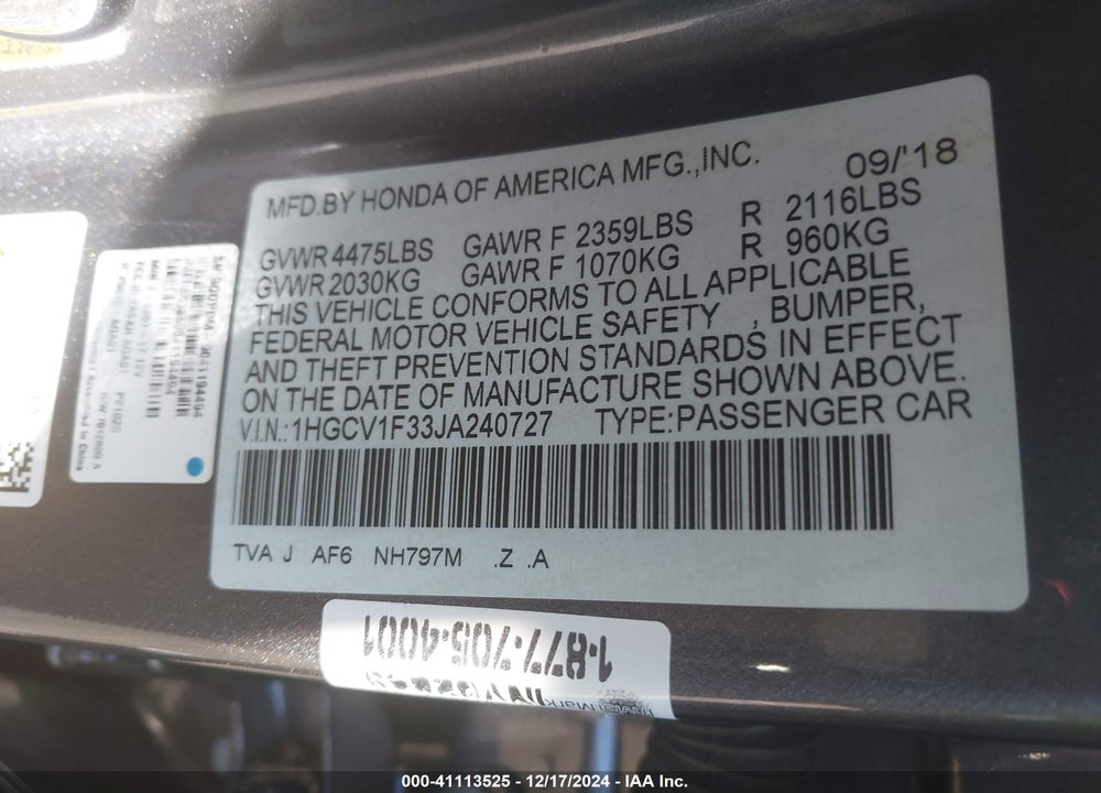 2018 HONDA ACCORD SPORT VIN: 1HGCV1F33JA240727