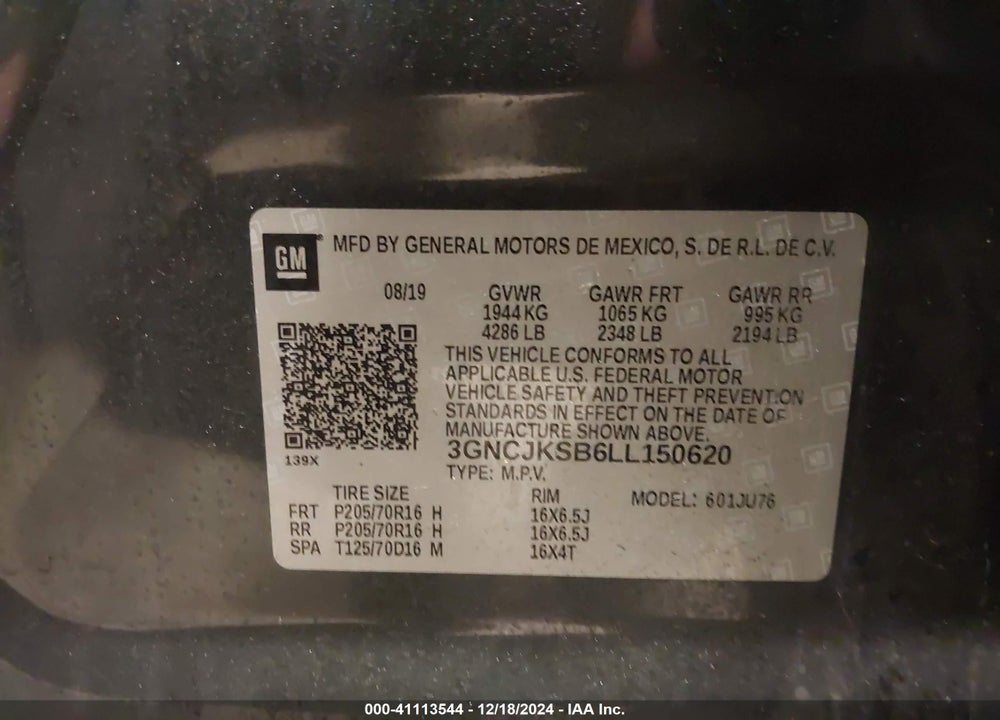 2020 CHEVROLET TRAX FWD LS VIN: 3GNCJKSB6LL150620
