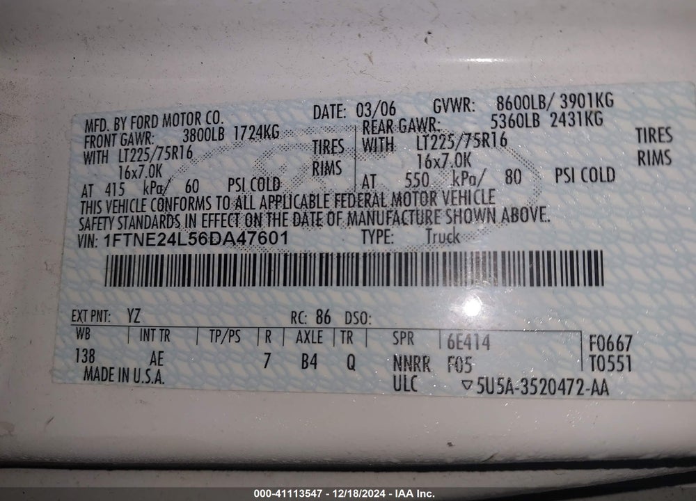 2006 FORD E-250 COMMERCIAL/RECREATIONAL VIN: 1FTNE24L56DA47601