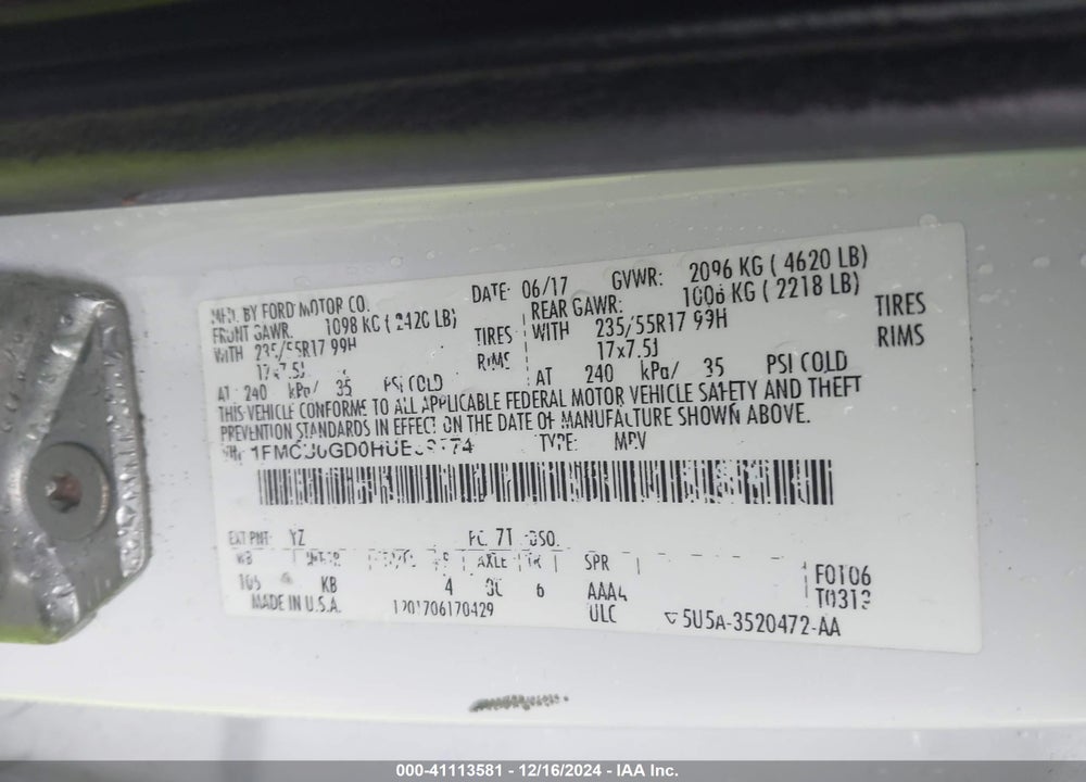 2017 FORD ESCAPE SE VIN: 1FMCU0GD0HUE39774