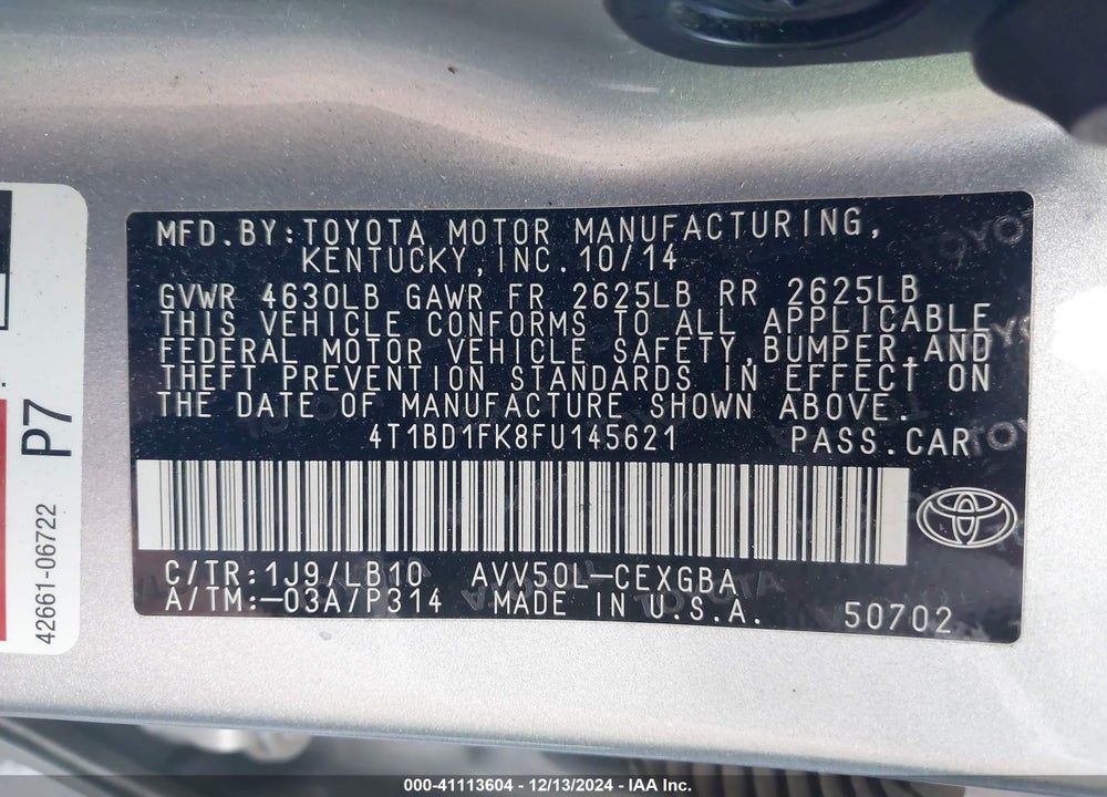 2015 TOYOTA CAMRY HYBRID XLE VIN: 4T1BD1FK8FU145621