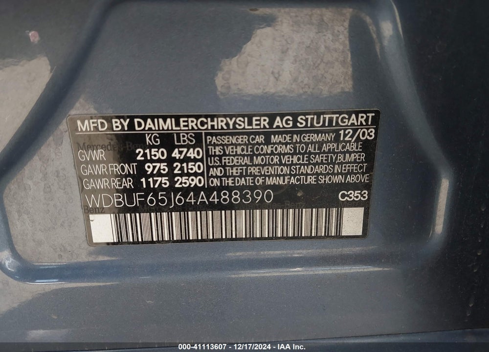 2004 MERCEDES-BENZ E 320 VIN: WDBUF65J64A488390
