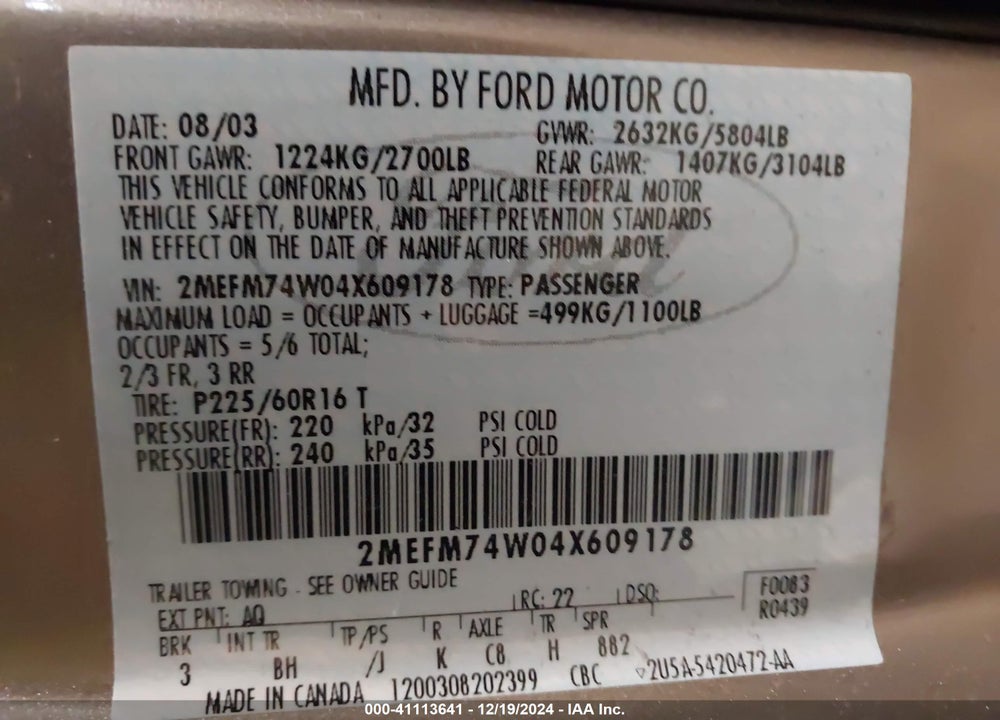2004 MERCURY GRAND MARQUIS GS VIN: 2MEFM74W04X609178