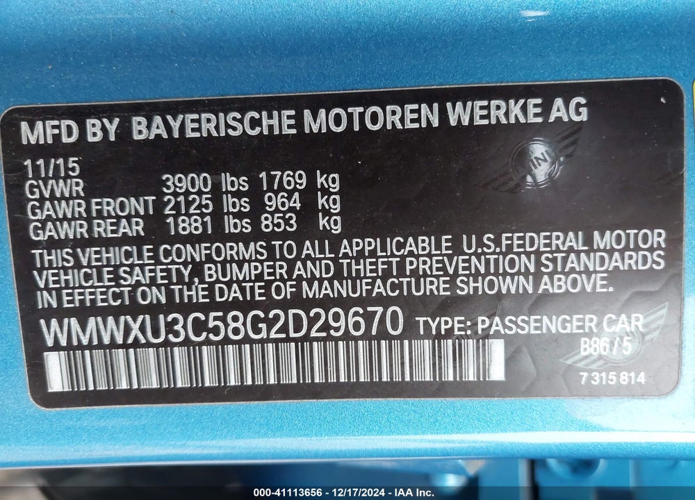 2016 MINI HARDTOP COOPER S VIN: WMWXU3C58G2D29670
