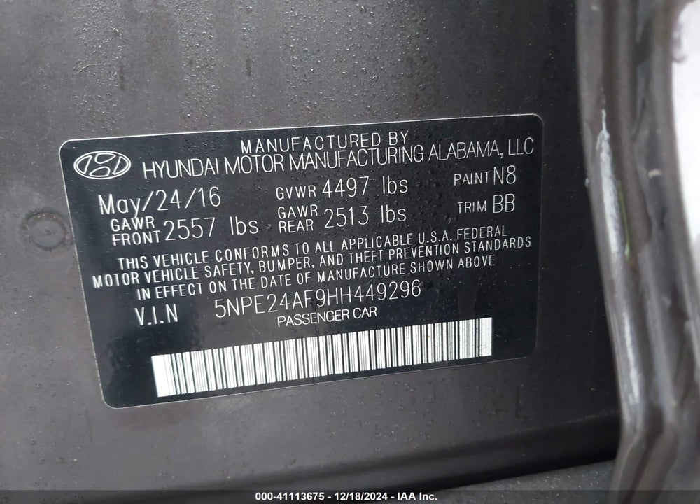 2017 HYUNDAI SONATA SE VIN: 5NPE24AF9HH449296