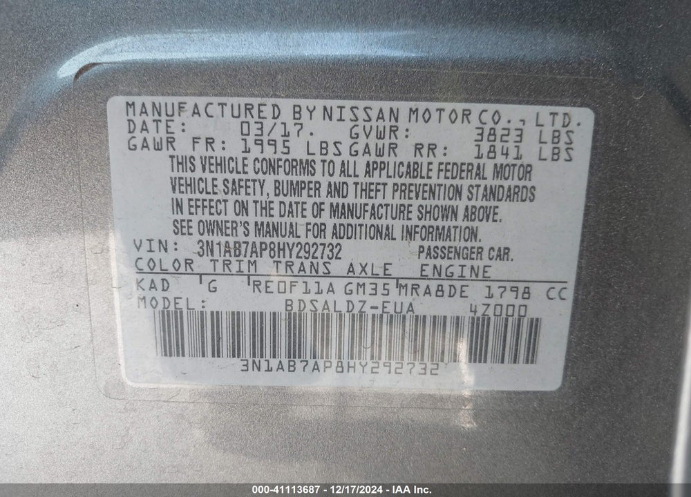 2017 NISSAN SENTRA SV VIN: 3N1AB7AP8HY292732