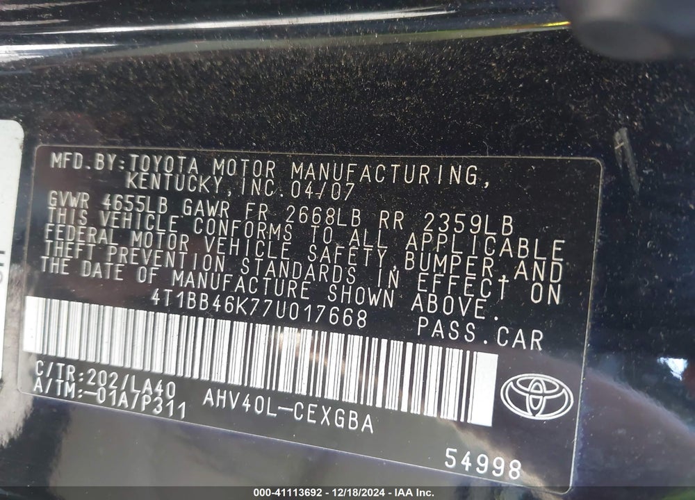 2007 TOYOTA CAMRY HYBRID VIN: 4T1BB46K77U017668