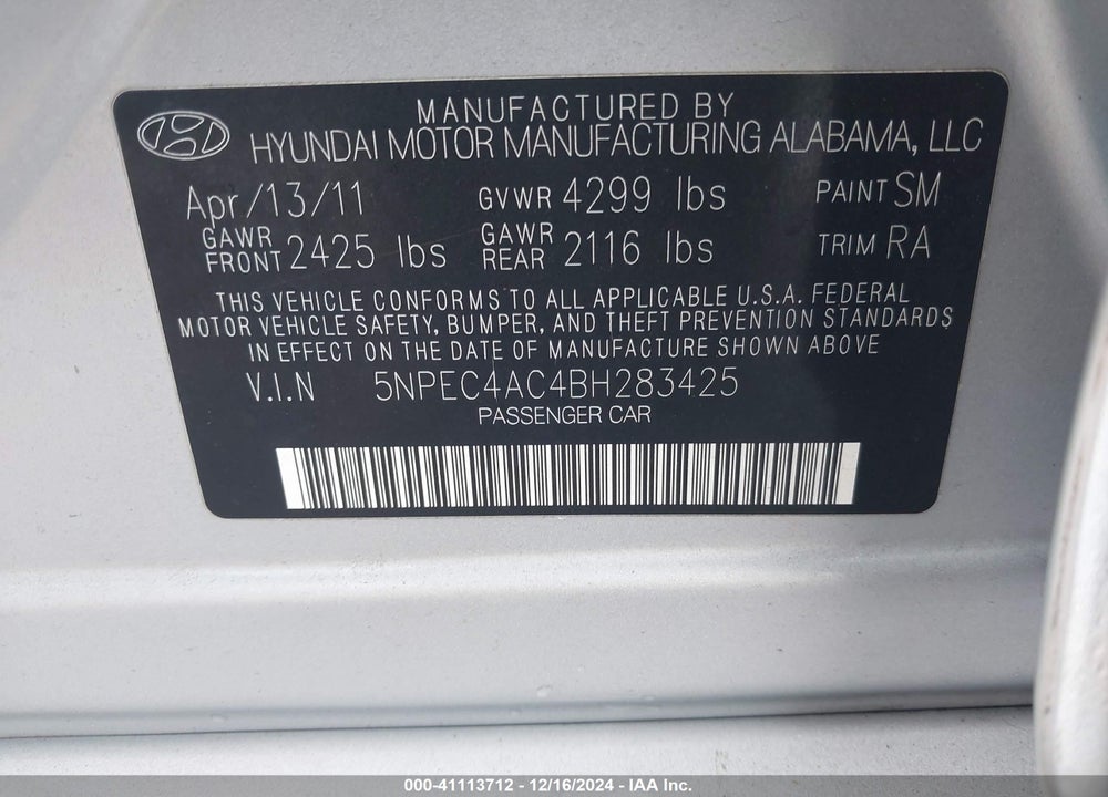 2011 HYUNDAI SONATA SE VIN: 5NPEC4AC4BH283425