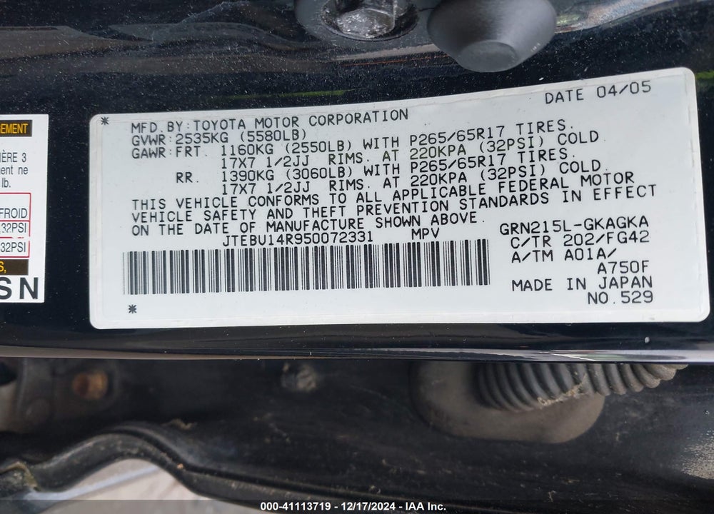 2005 TOYOTA 4RUNNER SR5 V6 VIN: JTEBU14R950072331