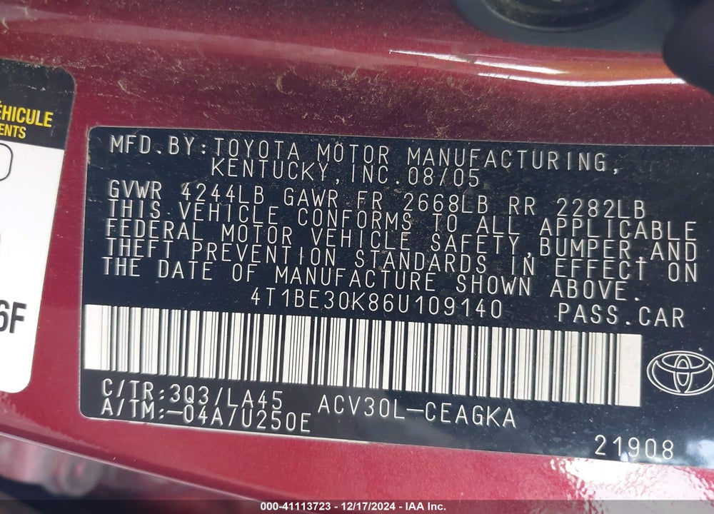 2006 TOYOTA CAMRY XLE VIN: 4T1BE30K86U109140