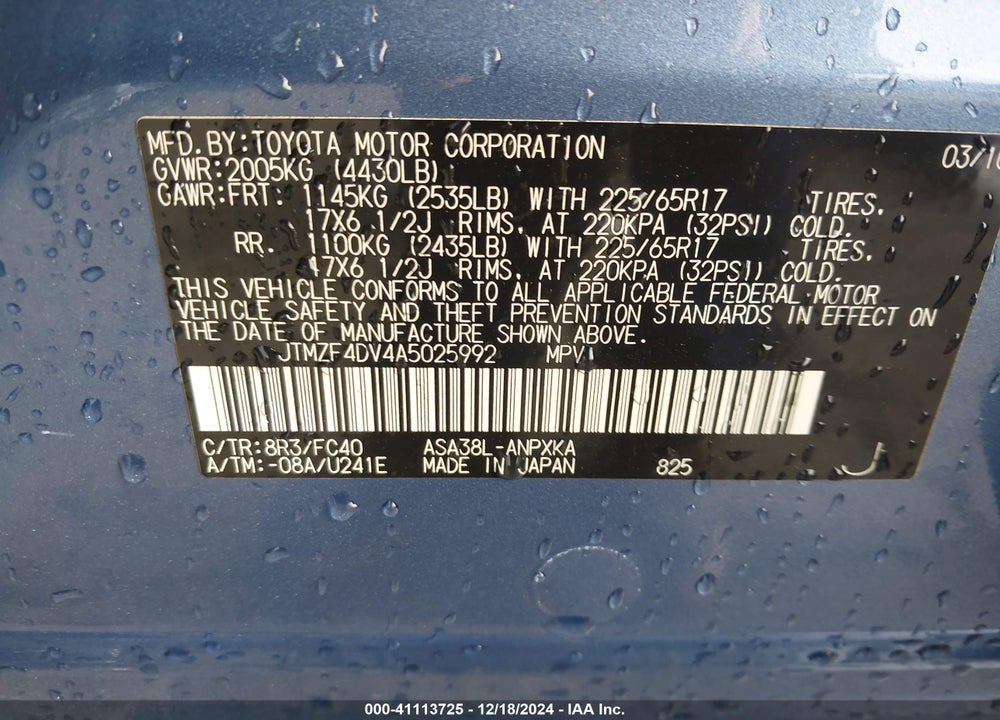 2010 TOYOTA RAV4 VIN: JTMZF4DV4A5025992