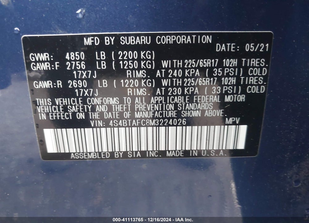 2021 SUBARU OUTBACK PREMIUM VIN: 4S4BTAFC8M3224026