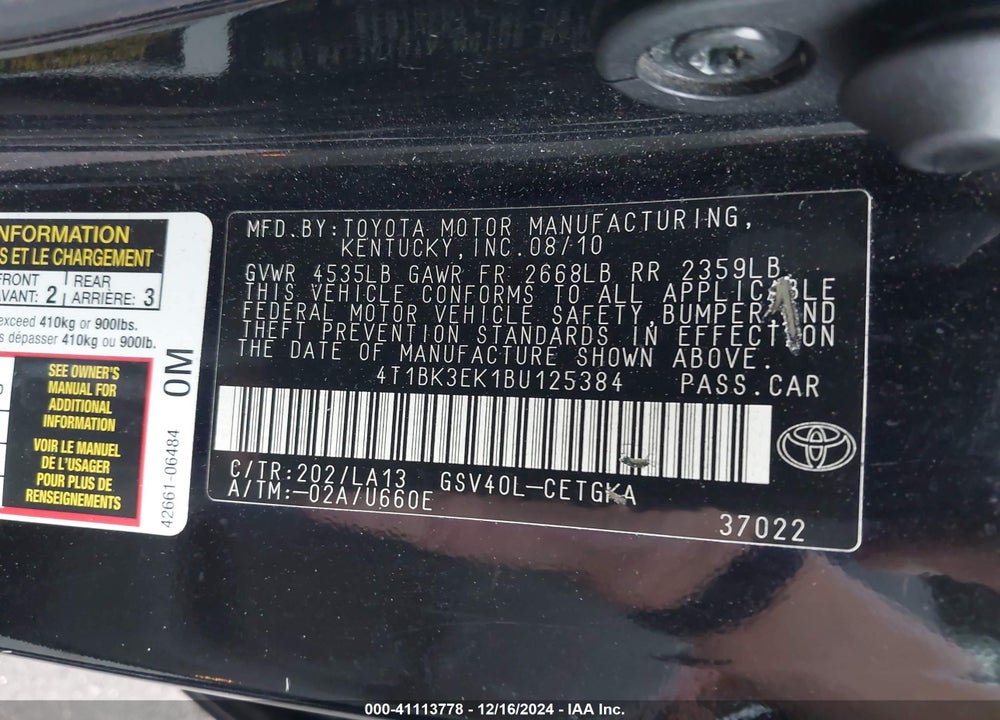 2011 TOYOTA CAMRY XLE V6 VIN: 4T1BK3EK1BU125384