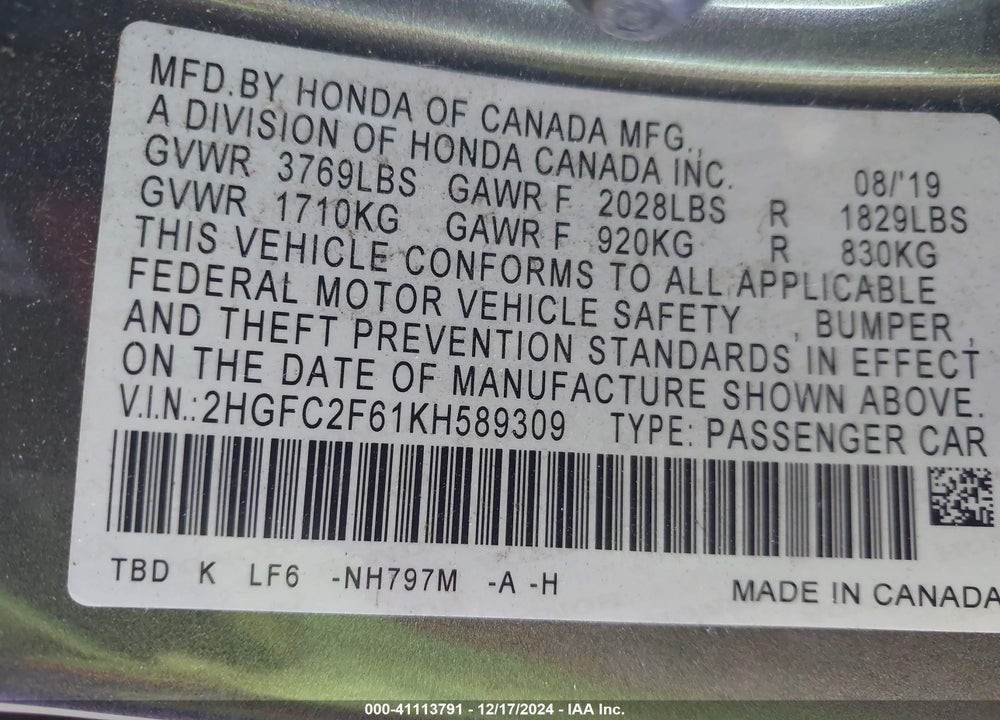 2019 HONDA CIVIC LX VIN: 2HGFC2F61KH589309