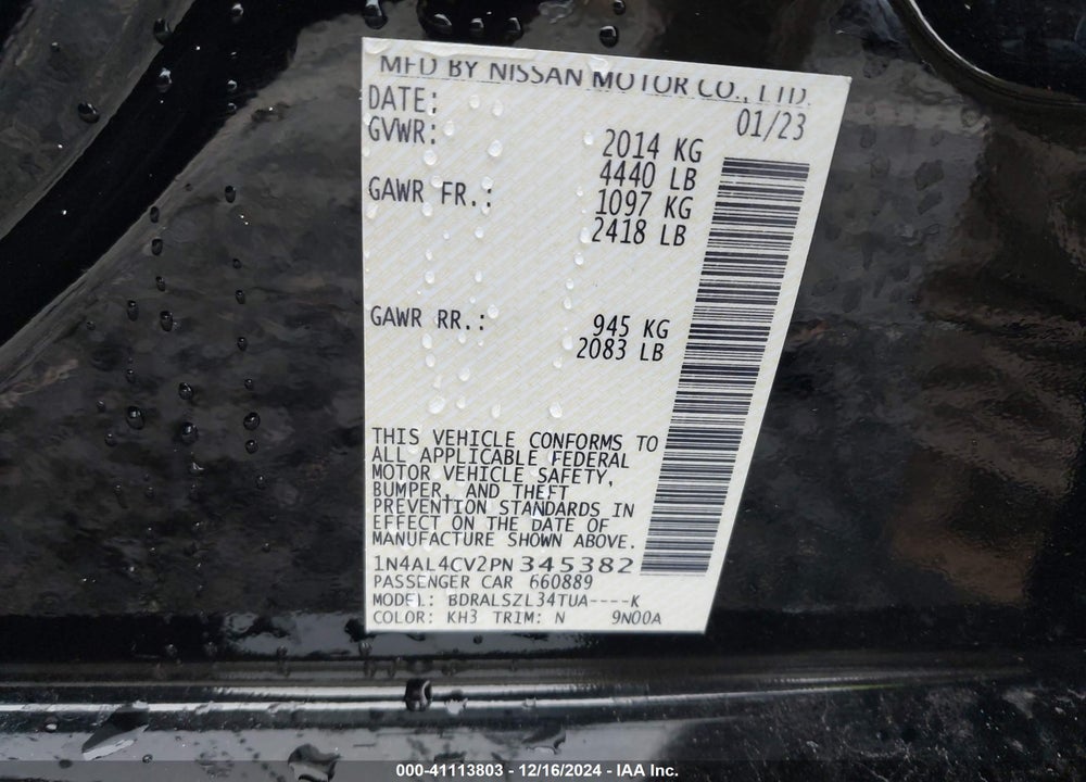 2023 NISSAN ALTIMA SR VC-TURBO FWD VIN: 1N4AL4CV2PN345382