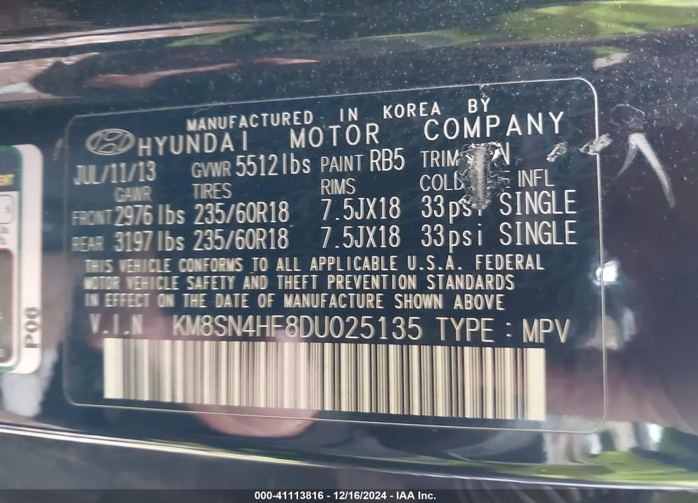 2013 HYUNDAI SANTA FE GLS VIN: KM8SN4HF8DU025135