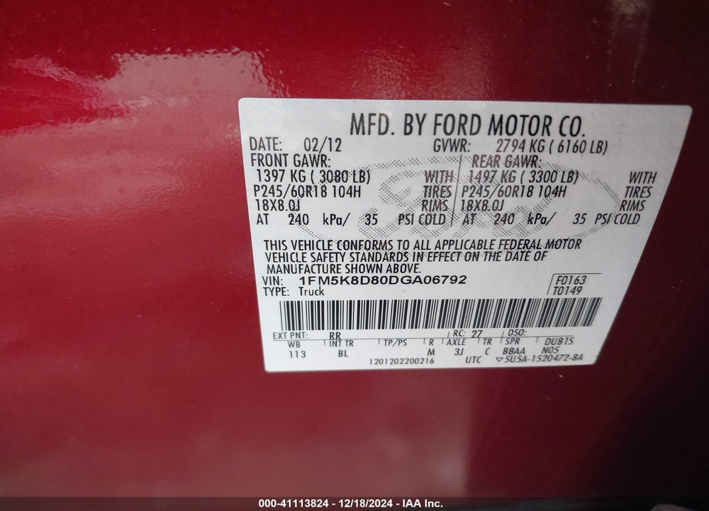 2013 FORD EXPLORER XLT VIN: 1FM5K8D80DGA06792