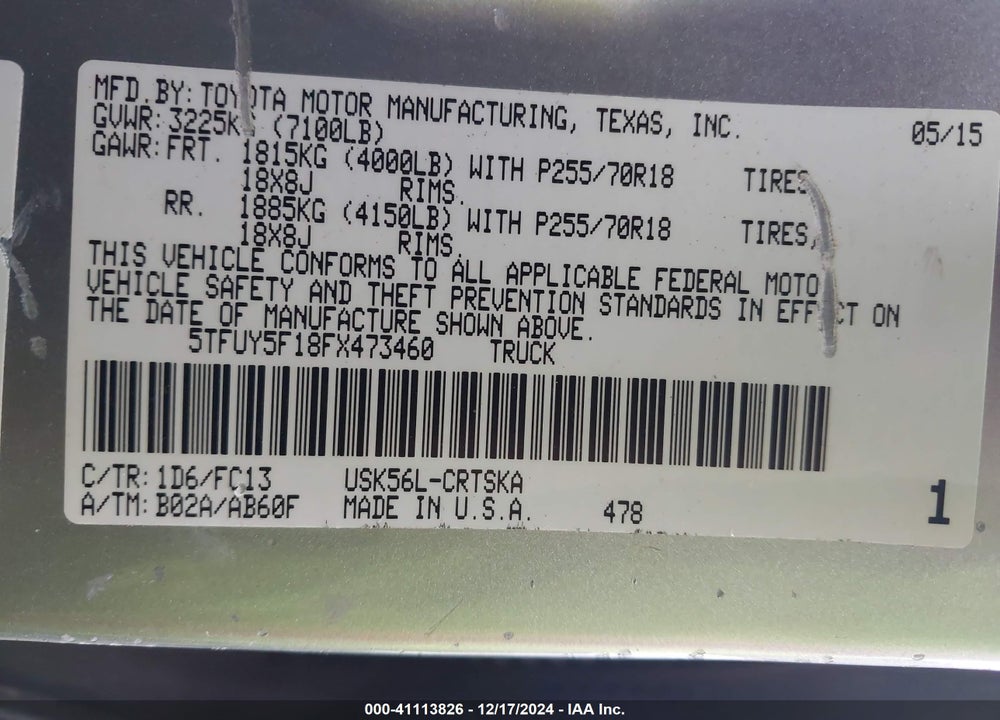 2015 TOYOTA TUNDRA VIN: 5TFUY5F18FX473460