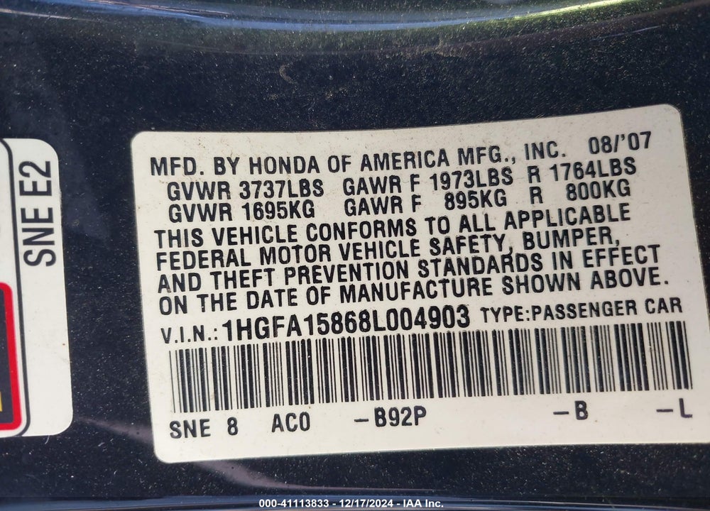 2008 HONDA CIVIC EX VIN: 1HGFA15868L004903