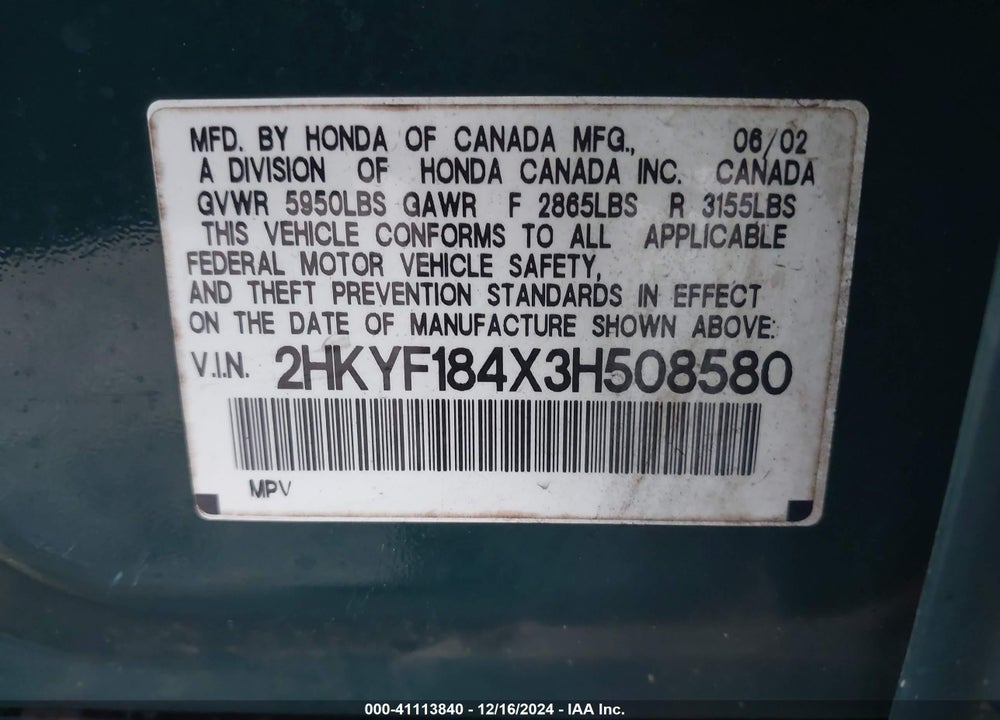 2003 HONDA PILOT EX VIN: 2HKYF184X3H508580