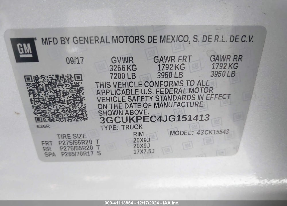 2018 CHEVROLET SILVERADO 1500 CUSTOM VIN: 3GCUKPEC4JG151413