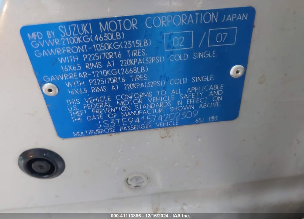 2007 SUZUKI GRAND VITARA VIN: JS3TE941574202309