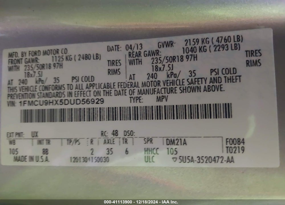 2013 FORD ESCAPE SEL VIN: 1FMCU9HX5DUD56929